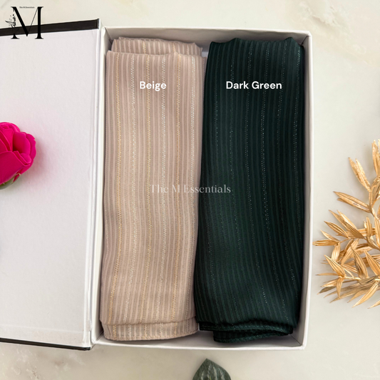 Premium chiffon silk stripe hijab in Dark green & beige colors