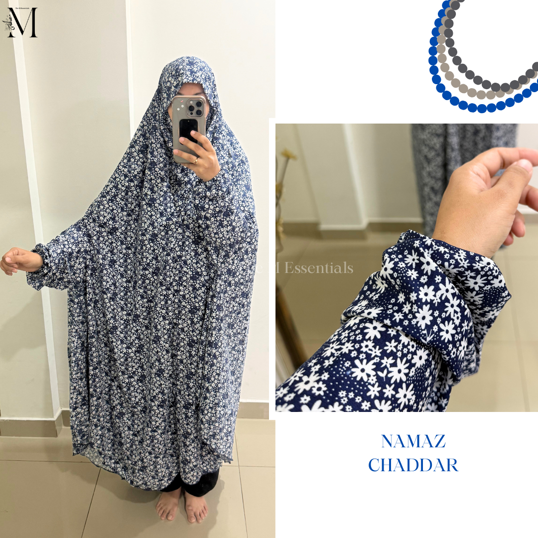 Navy Blue Floral Namaz Chaddar - The M Essentials