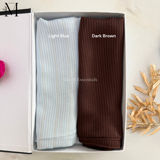 Premium chiffon silk stripe hijab in light blue & Dark Brown