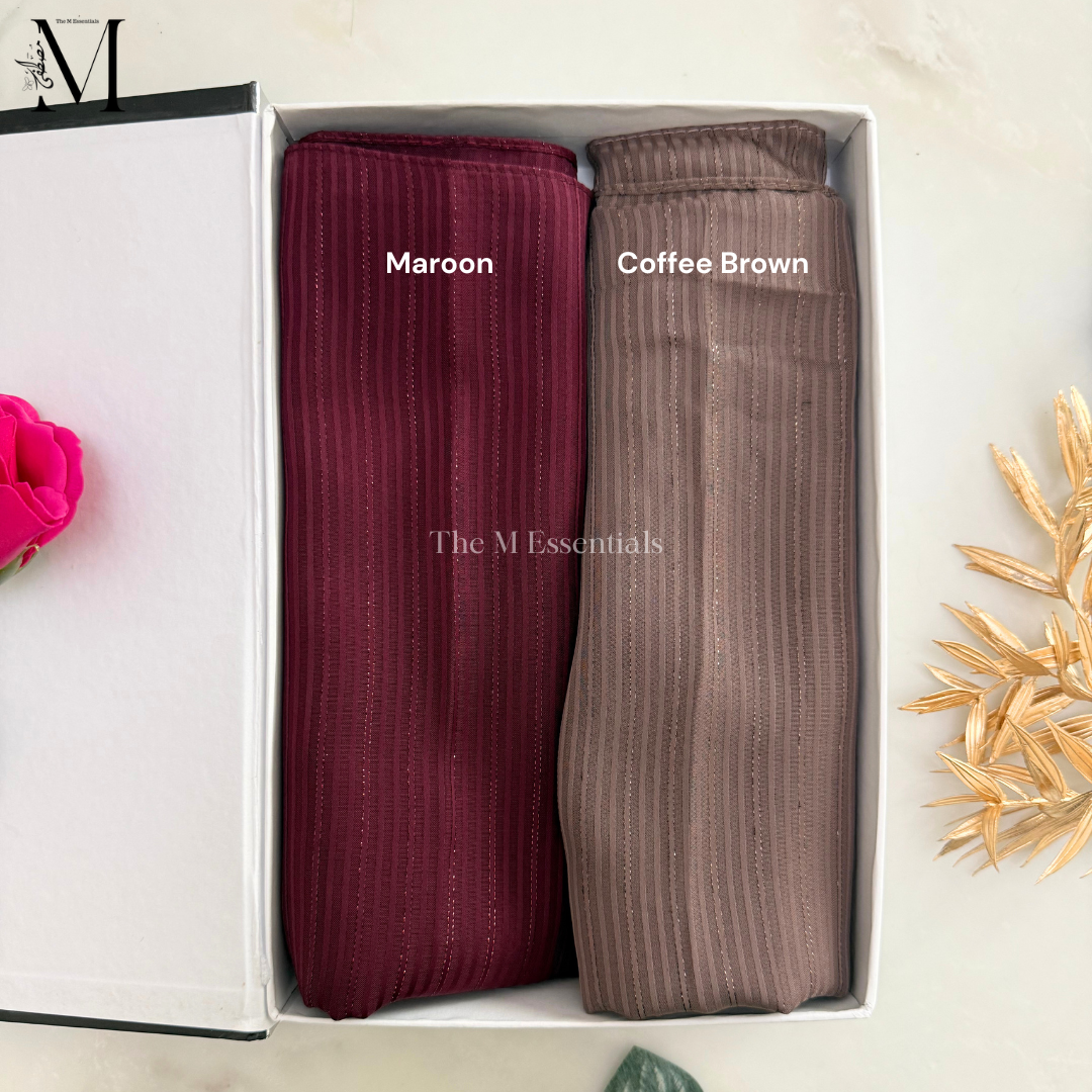 Premium Silk Stripe Chiffon Hijab in Maroon & Coffee Brown